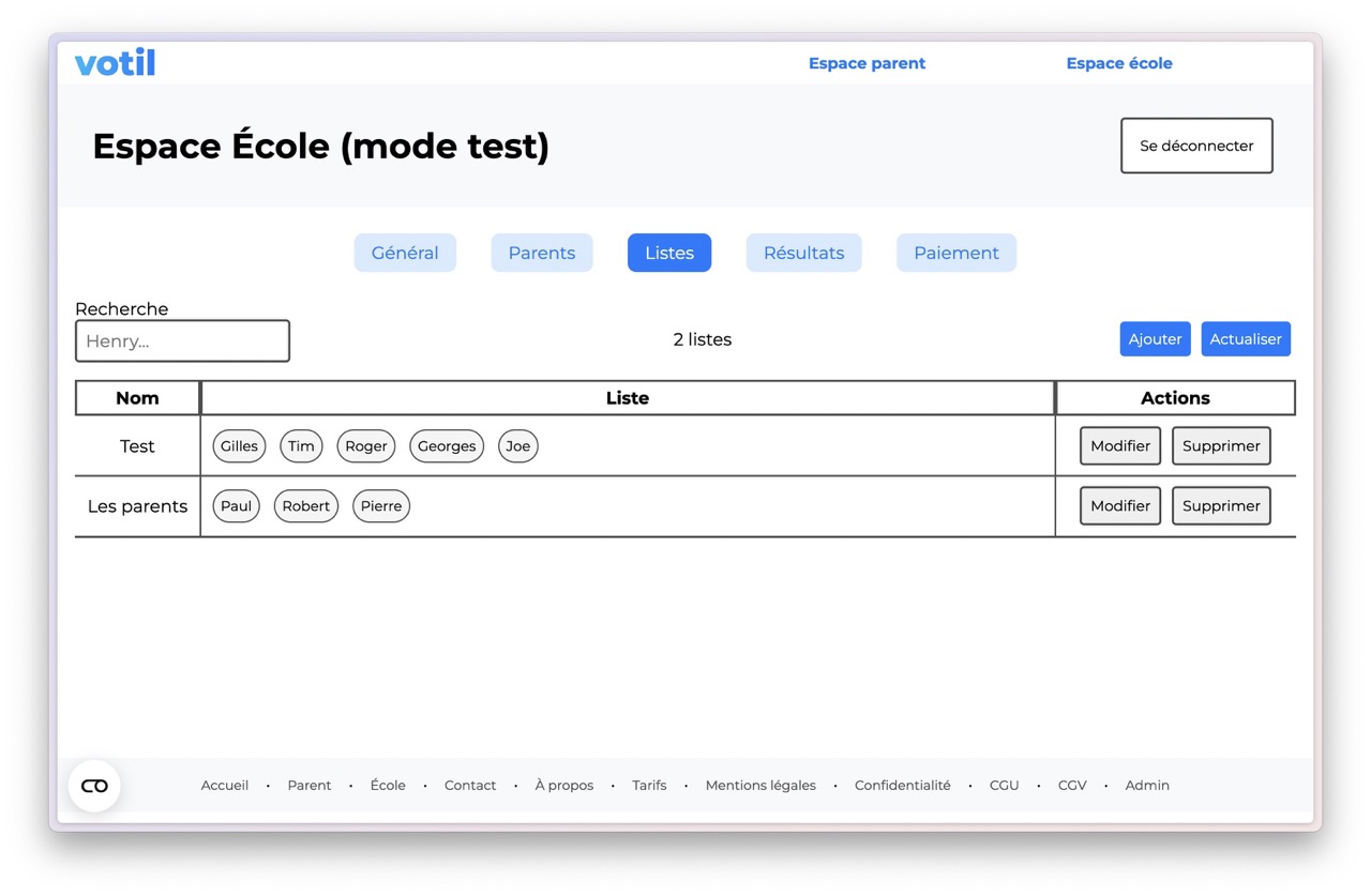 Interface pour créer les listes de candidats dans Votil