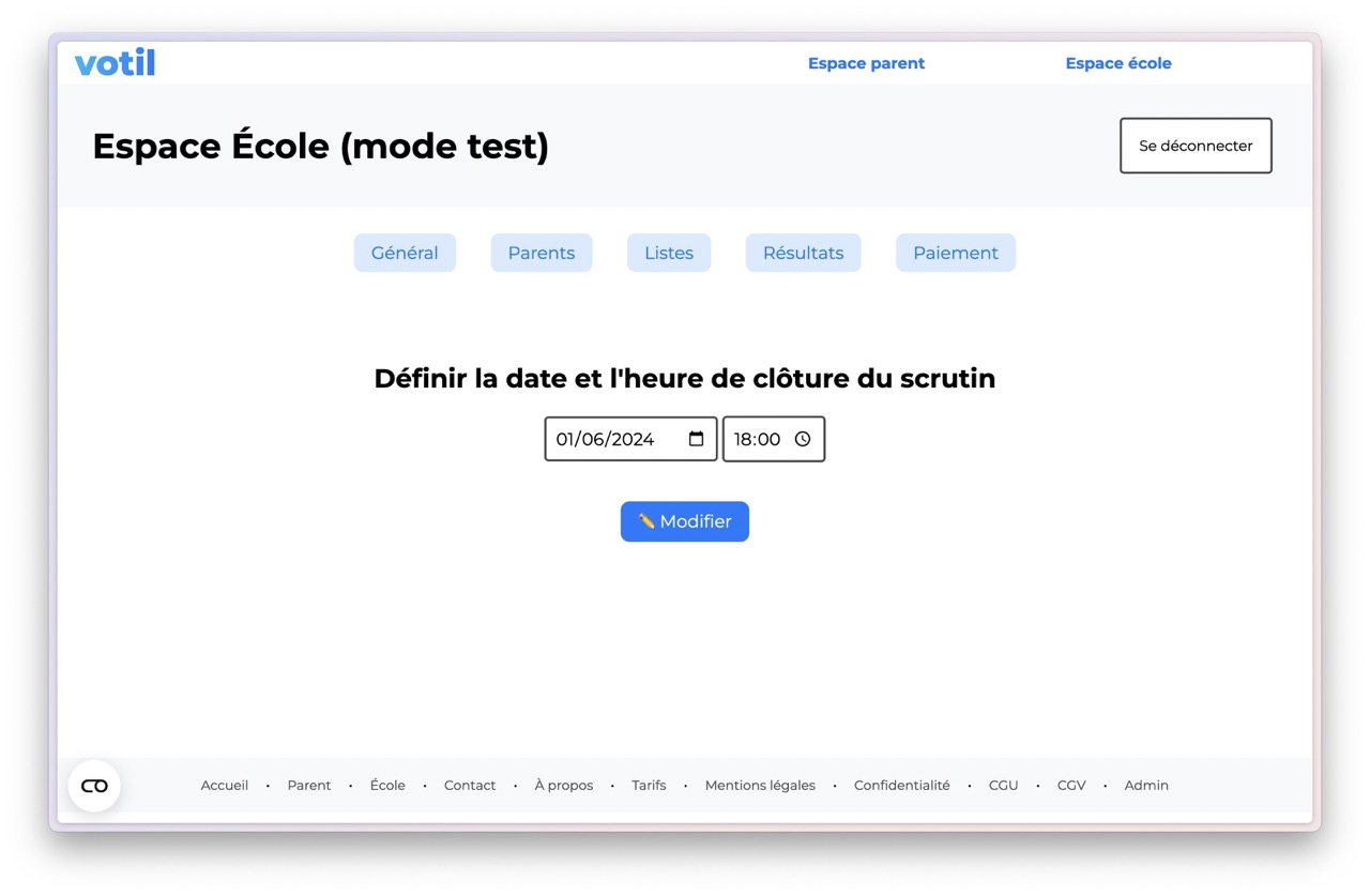 Interface pour définir la date de clôture du scrutin dans Votil