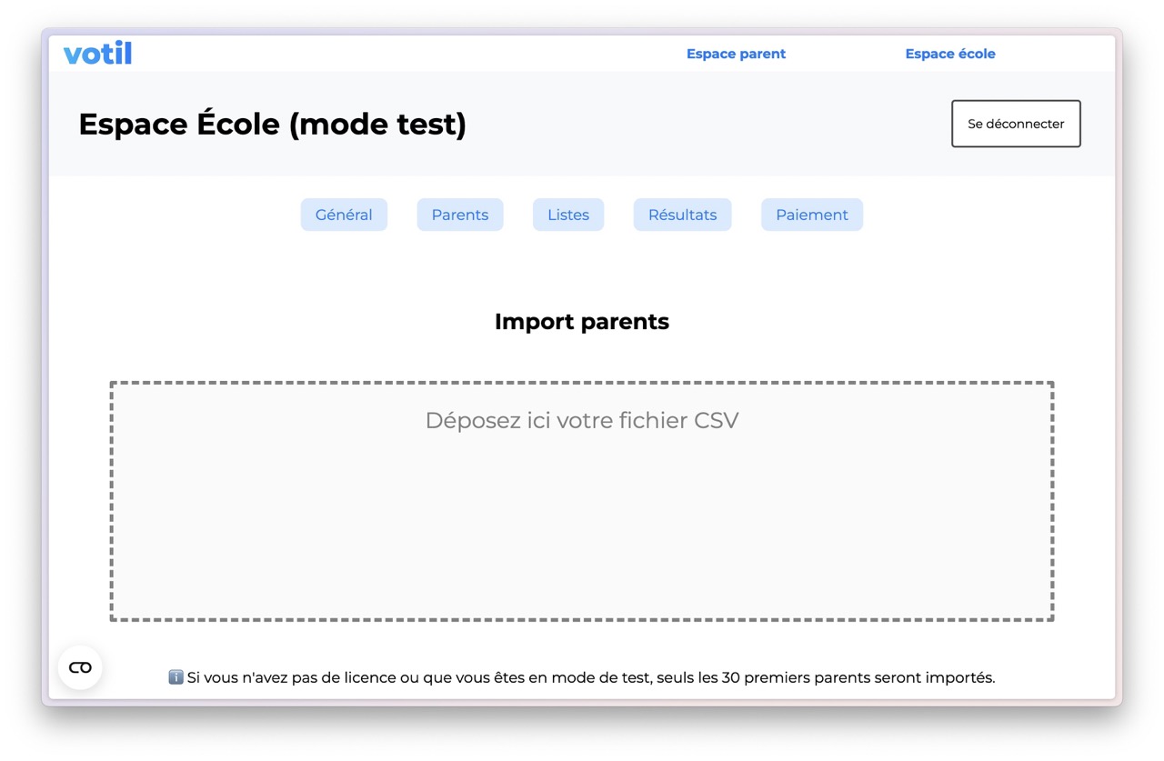 Interface pour importer les parents avec un CSV issu de Onde dans Votil