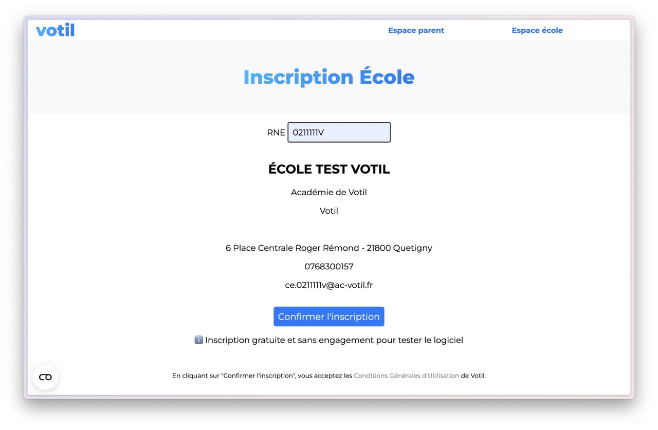 Page d'inscription à Votil pour rentrer le RNE de l'école