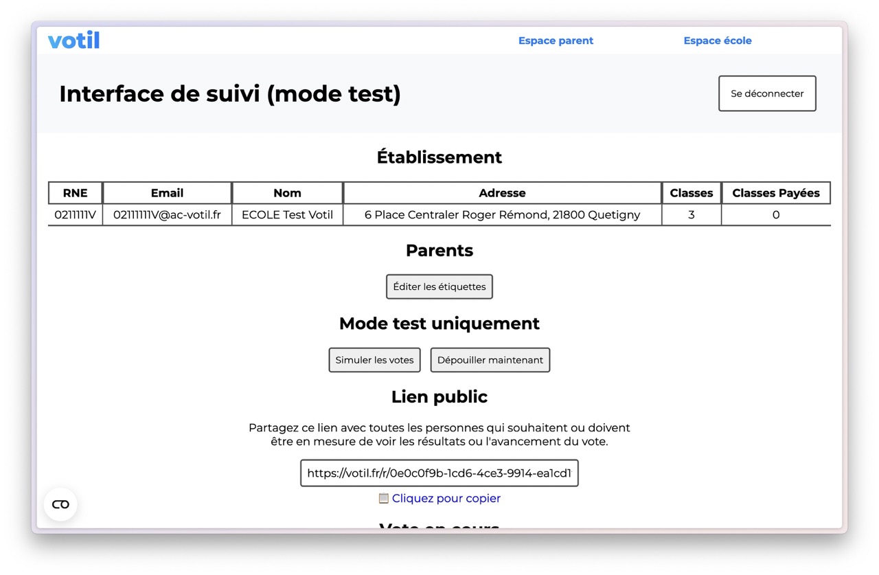 Interface de suivi de Votil