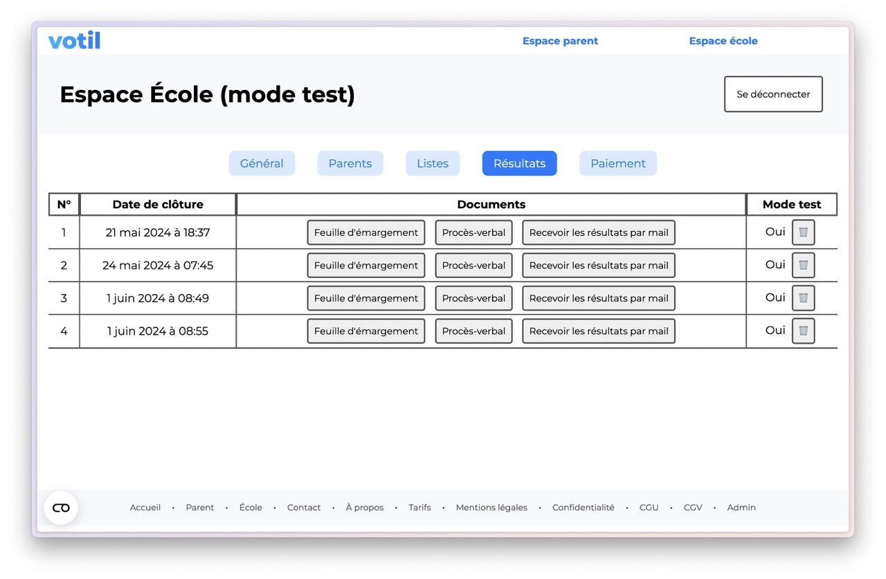 Interface de listing des résultats d'élections sur Votil